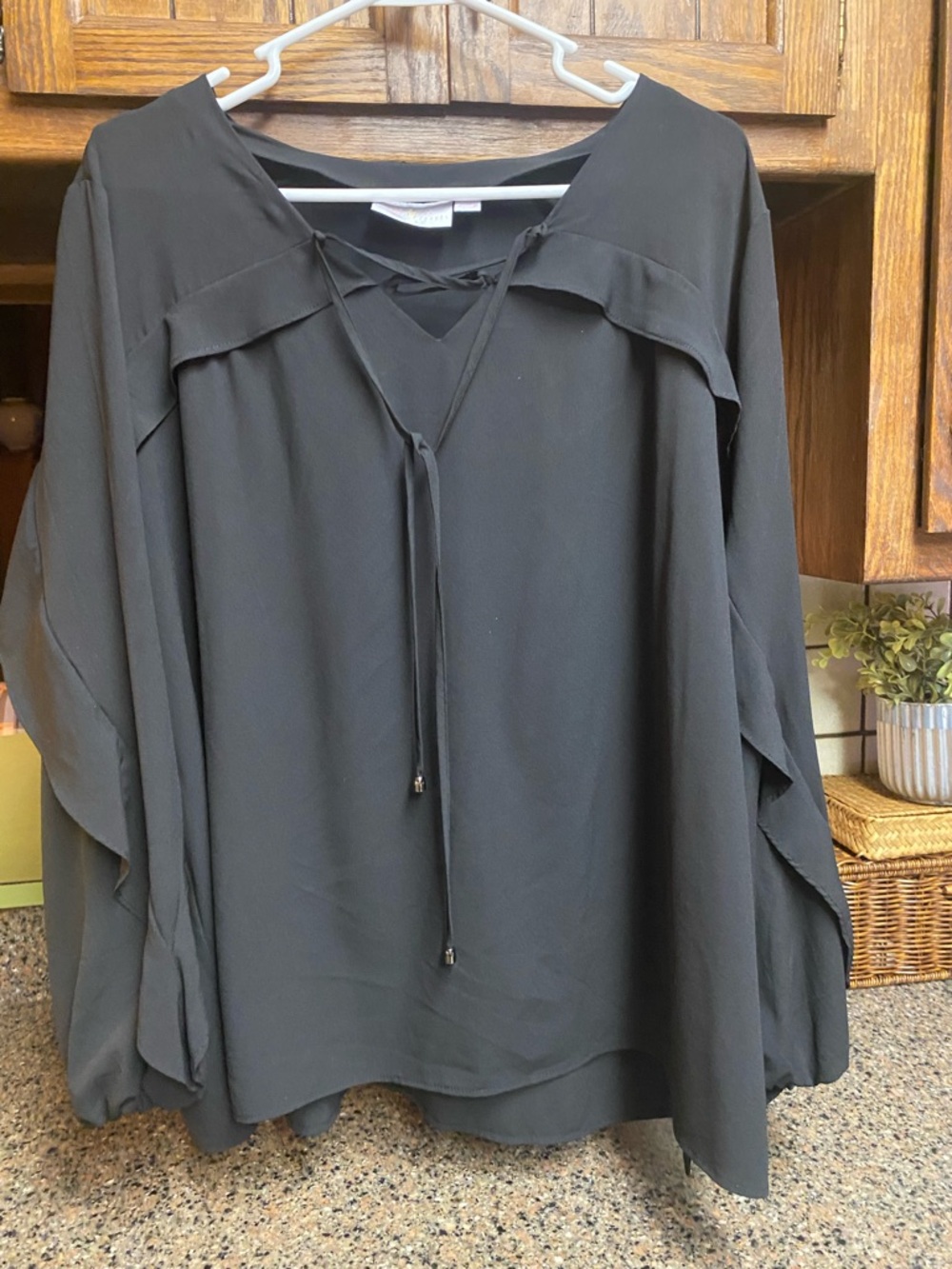 Kim Gravel Black Top with ruffled belle Sleeves 1X